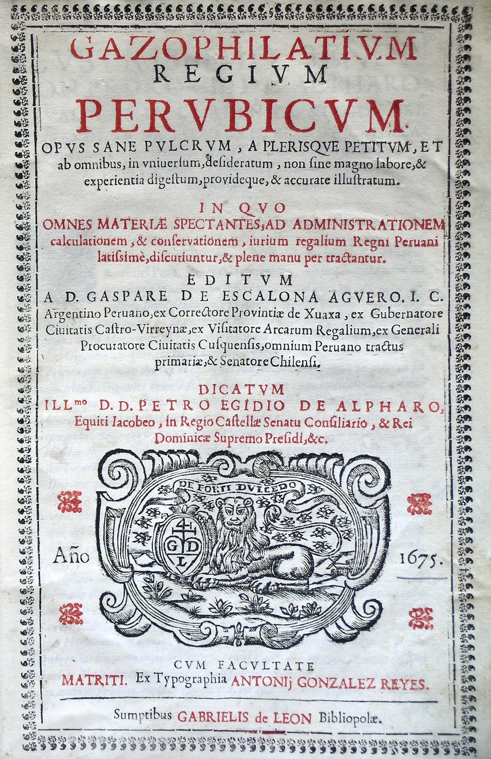 Gazophilatium regium perubicum, 1675