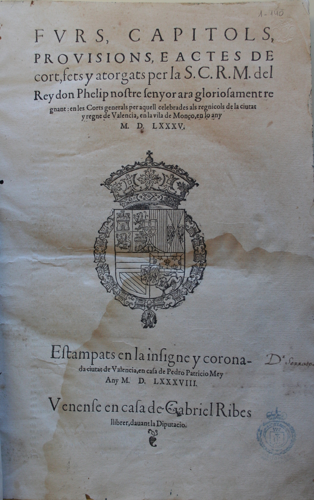 Fvrs, capitols, provisions, e actes de cort, 1588-1635