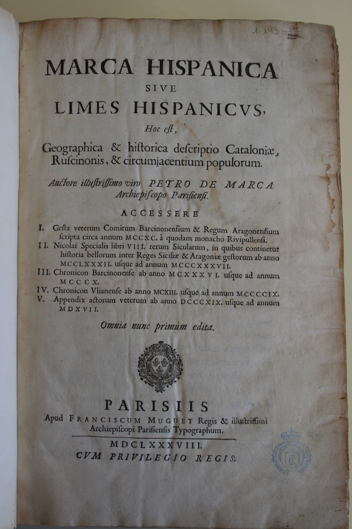 Marca Hispanica sive Limes hispanicus, 1688