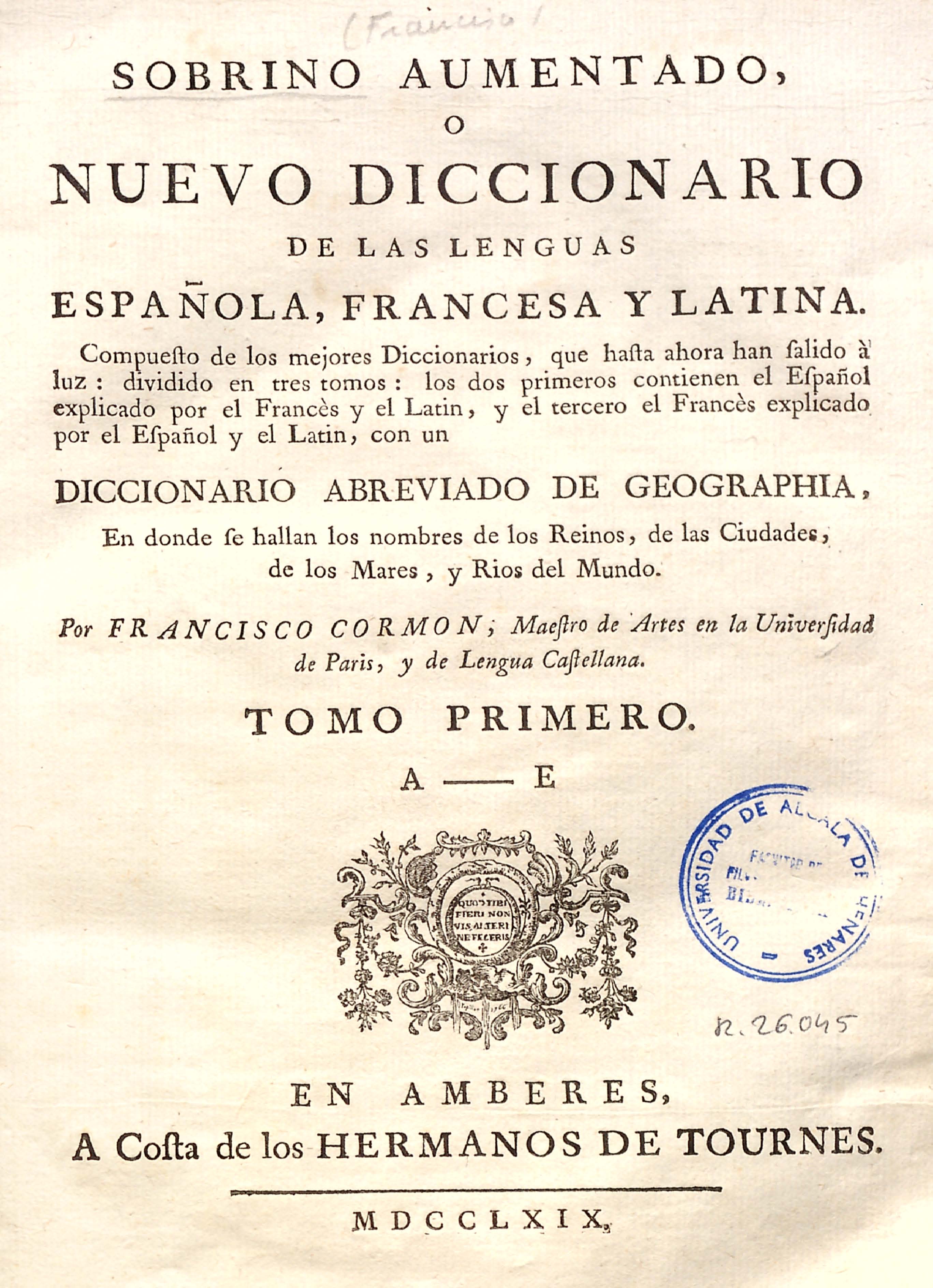 Sobrino aumentado o Nuevo diccionario..., 1769