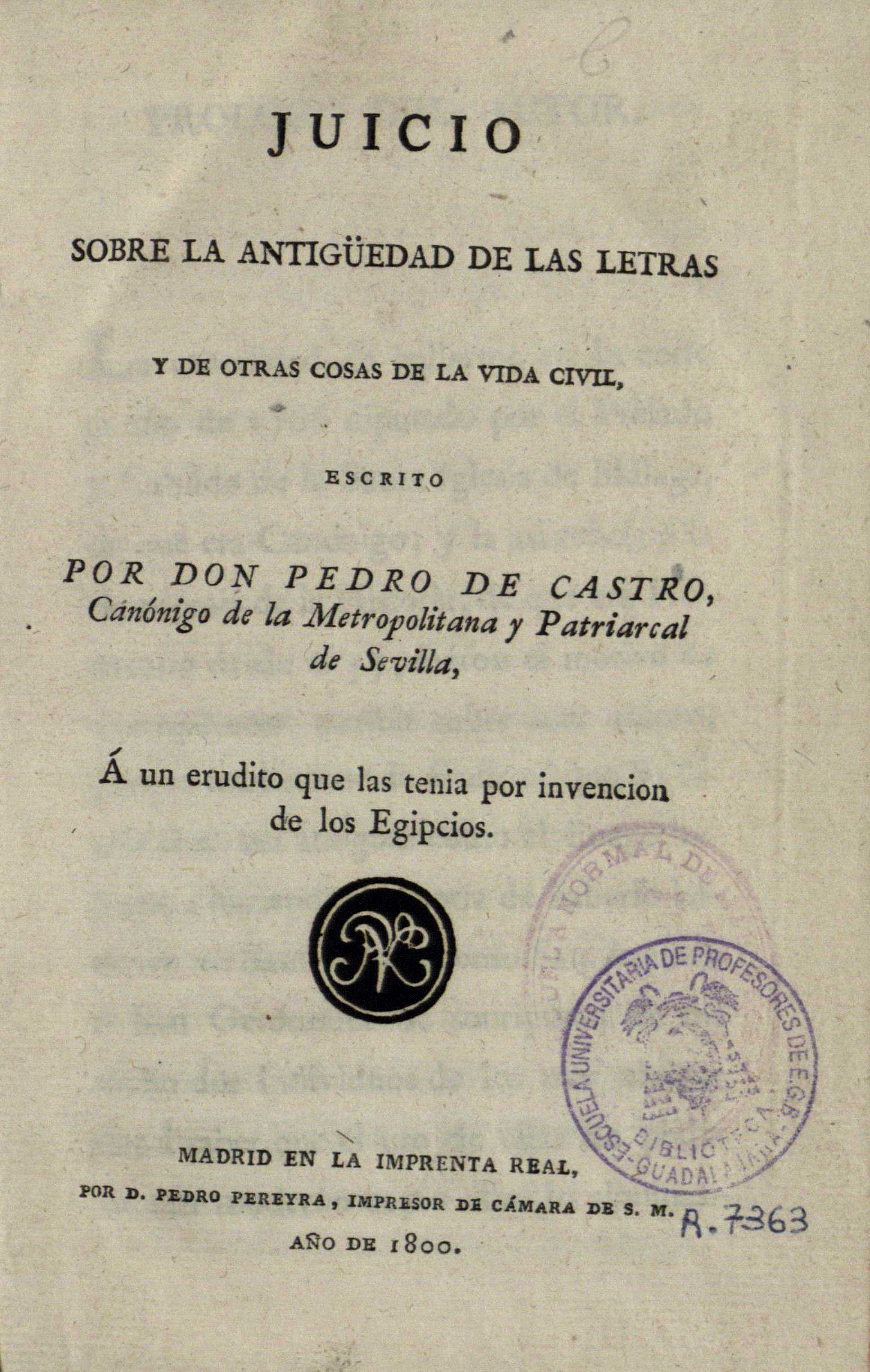 Juicio sobre la antigüedad de las letras y otras cosas de la vida civil, 1800