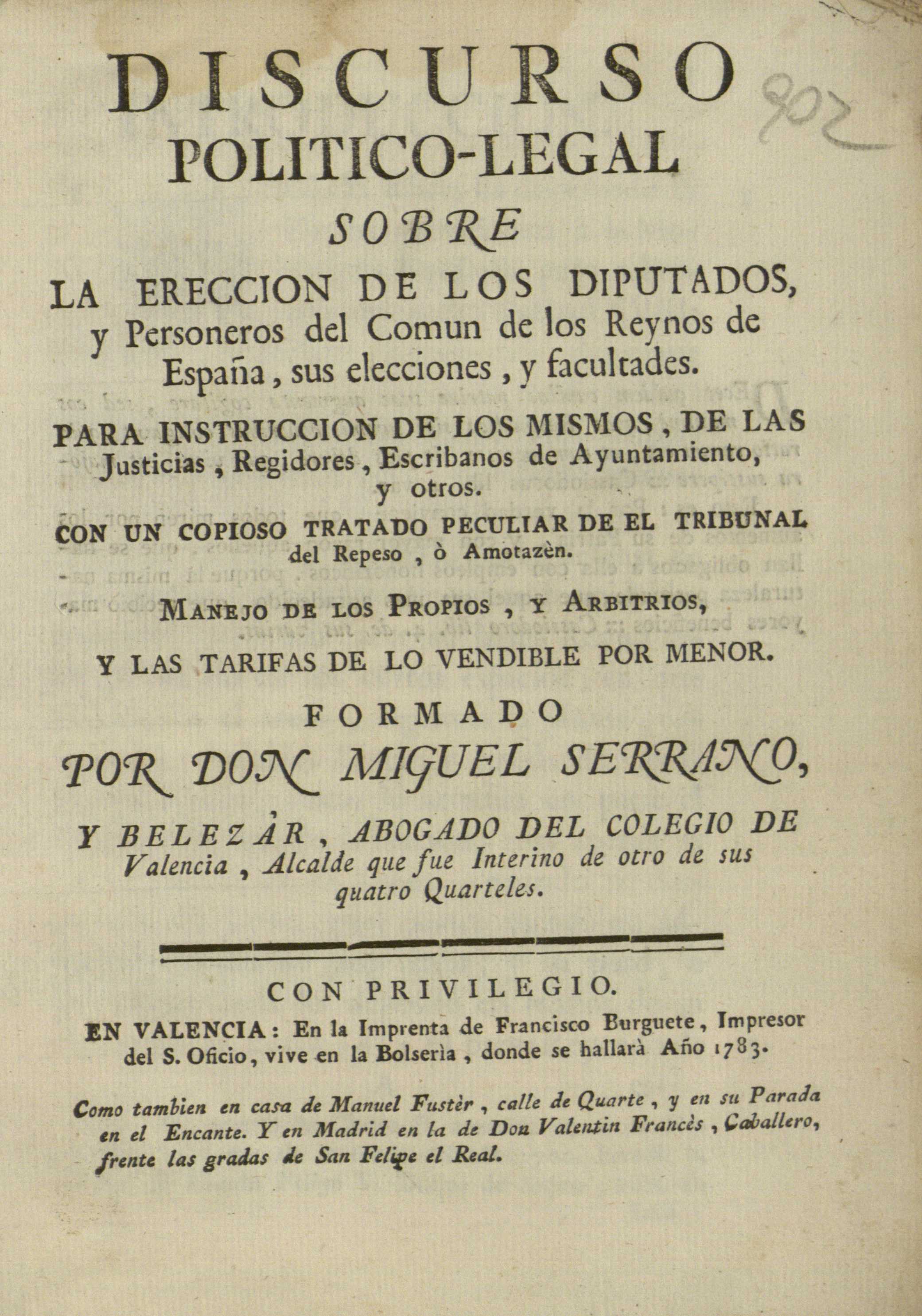 Discurso politico-legal sobre la ereccion de los diputados ..., 1783