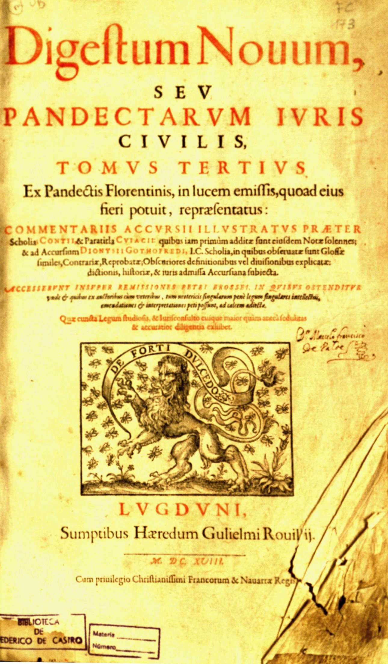 Digestum novum seu Pandectarum iuris civilis. Tomus Tertius, 1618