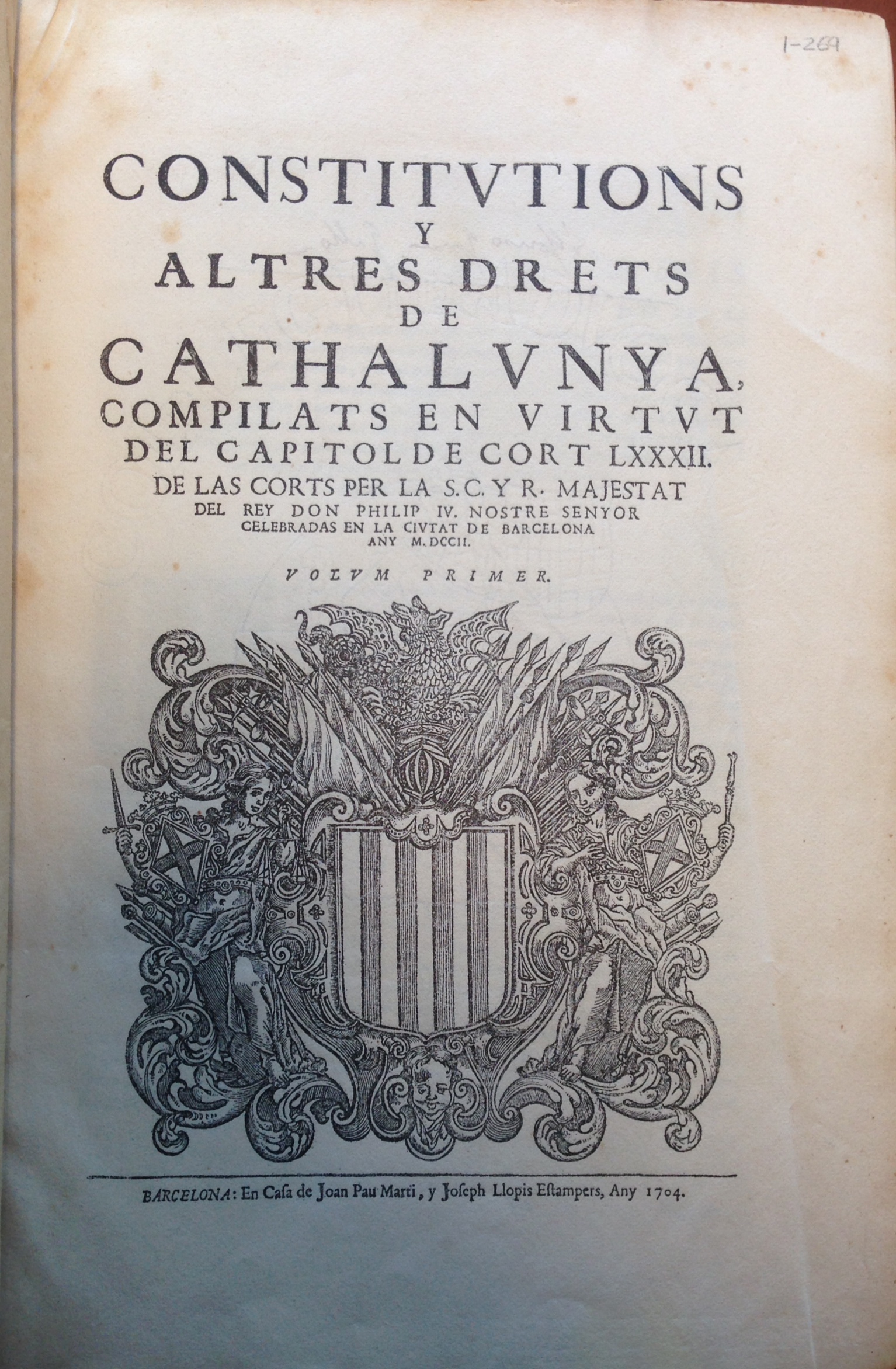 Constitutions y altres drets de Cathalunya, 1704