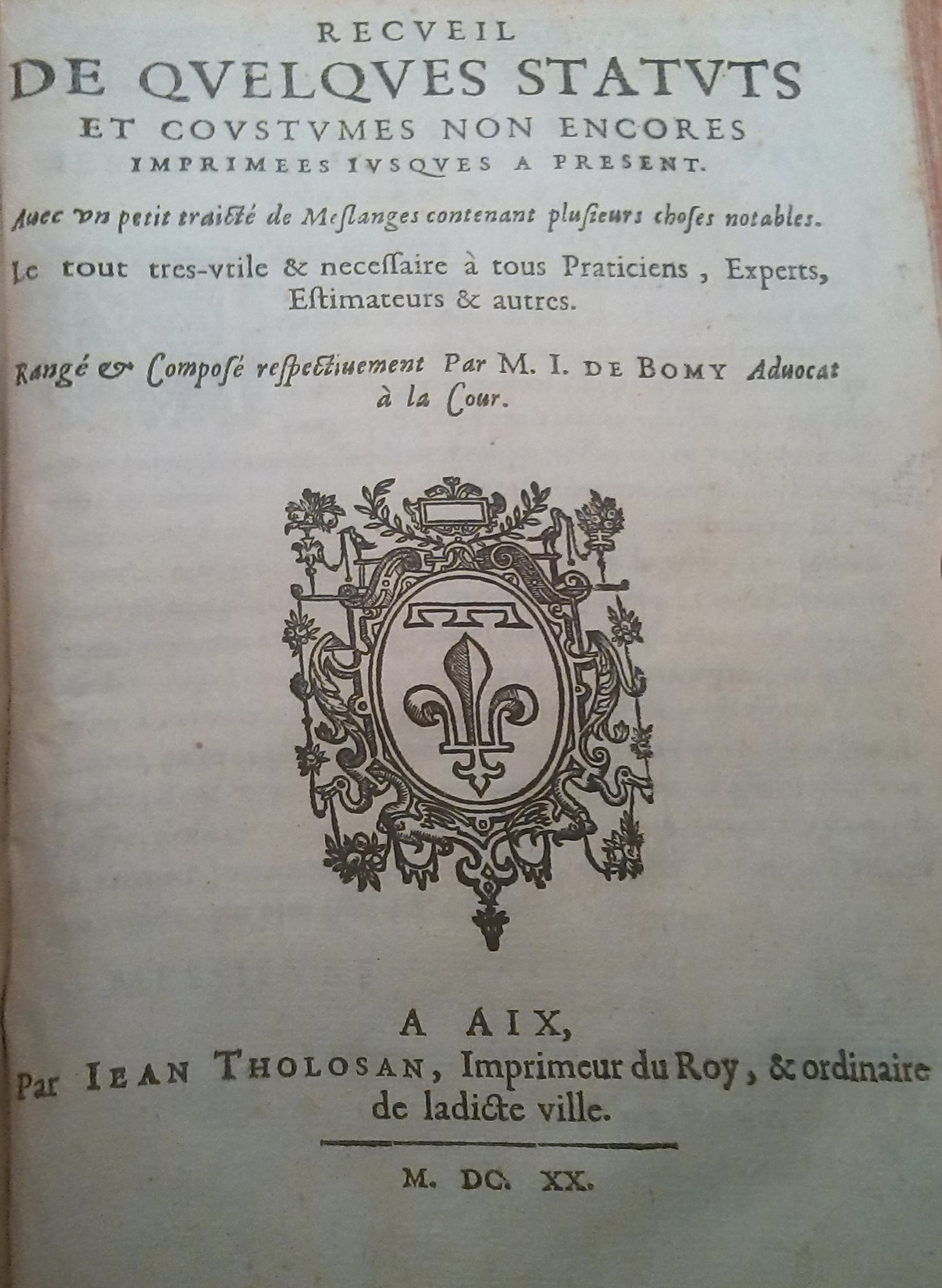 Recueil de quelques statuts et coustumes, 1620
